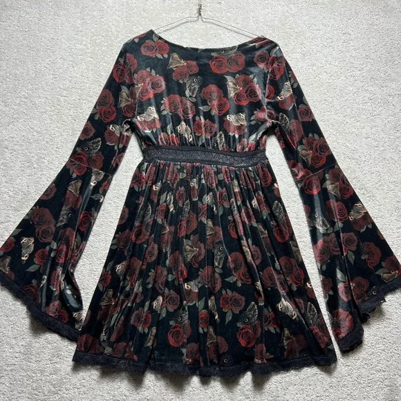 Thorn & Fable Dress Womens SM Velvet Bell Sleeve Mini Dress Rose Butterfly Print - Picture 8 of 15